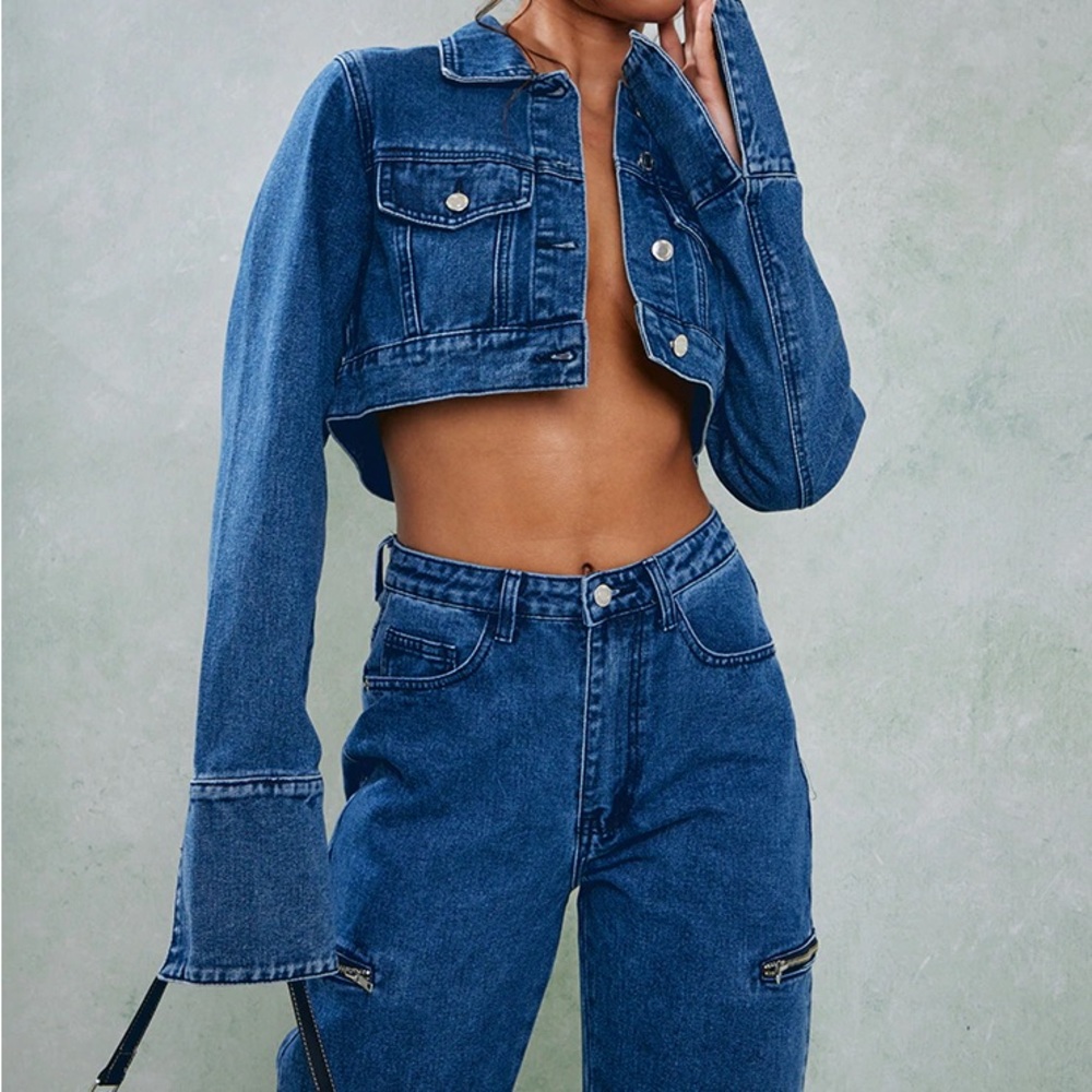 Mid-blue cuff detail cropped denim jacket